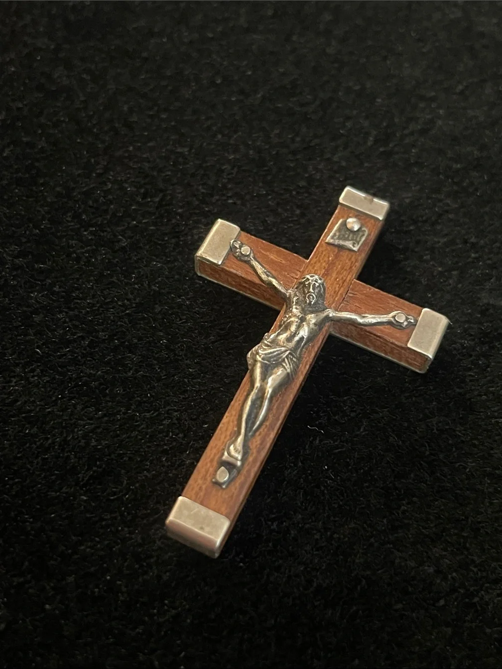 VINTAGE Brown Wood Cross Pendant with Silver Corpus 1.5”